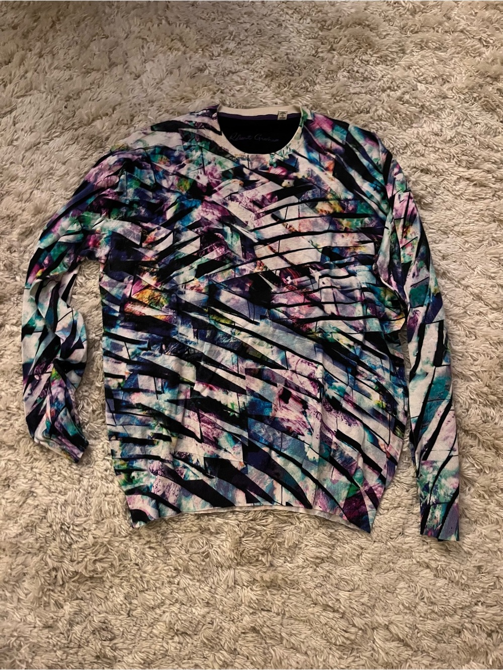 Robert Graham Multicolor Abstract Crewneck Sweater — Teal, Purple, Black, White